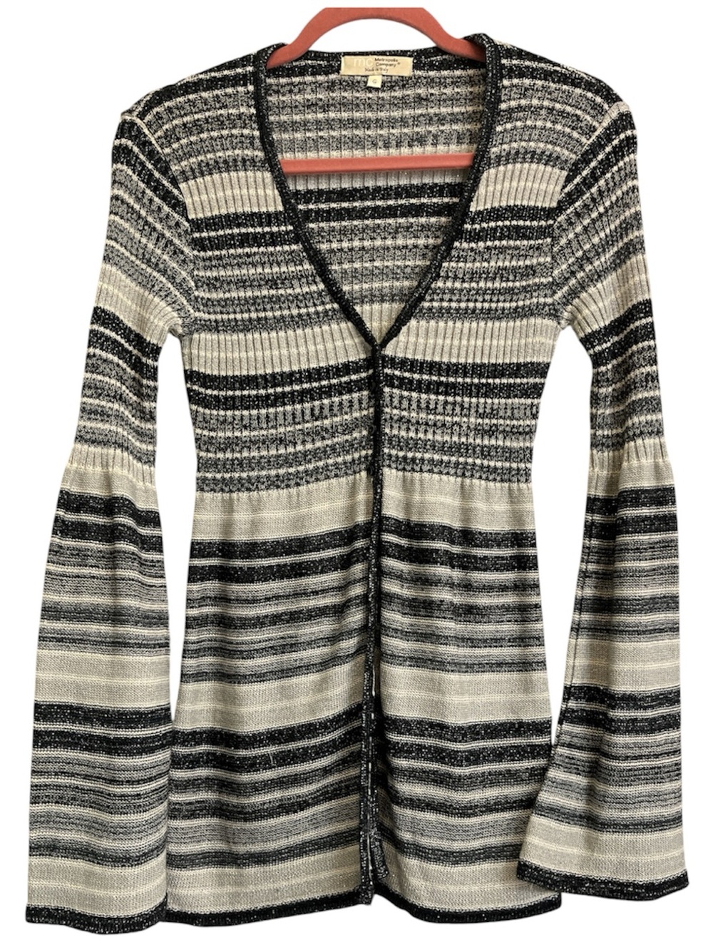 Vintage Black and White Striped V-Neck Bell Sleeve Sweater size G